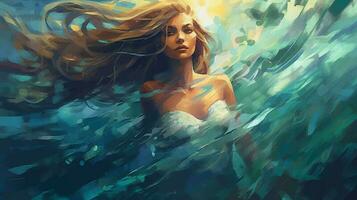 Beautiful mermaid with really long hair in the ocean, painted in watercolor on textured paper. Digital watercolor painting photo