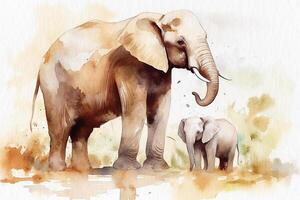 Large elephant and baby elephant painted in watercolor on textured paper. Digital watercolor painting. photo