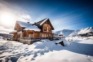 A mountain luxury hotel, a ski hotel against a backdrop of snow-capped mountains. photo