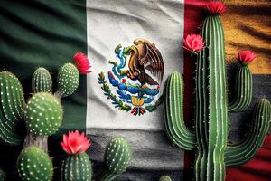 Mexican flag, agave cacti against the background of the national flag. photo