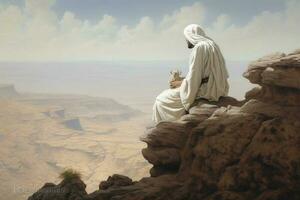 An Arab man dressed in white sits on the edge of a cliff. View from the back. photo