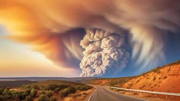 Dramatic landscape with heavy fire and puffs of smoke in Western Australia, bushfire. photo