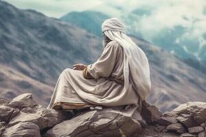 An Arab man dressed in white sits on the edge of a cliff. View from the back. photo