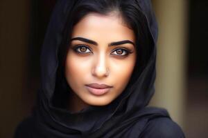 retrato de un joven, hermosa pakistaní chica, un musulmán niña en un hiyab generativo ai foto