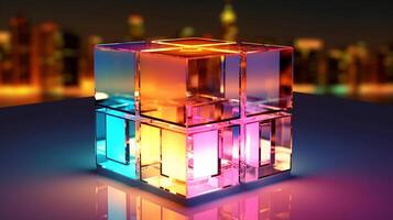 Luminous neon cube, black background. photo