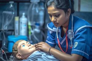 Tamil Nadu nursing student practices CPR on a mannequin. photo