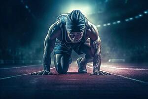 masculino atleta a el comienzo de el estadio Listo a correr. generativo ai foto