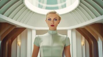 Symmetrical close-up portrait of an expressive French supermodel in a celadon-colored house wearing tight-fitting clothing. photo