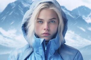 un de pelo rubio niña con azul ojos en el montañas en invierno en un invierno chaqueta con un capucha. montaña complejo. generativo ai foto