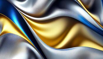 Wave pattern, silk fabric in silver, gold, blue. Background. photo