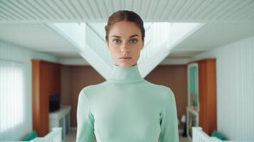 Symmetrical close-up portrait of an expressive French supermodel in a celadon-colored house wearing tight-fitting clothing. photo