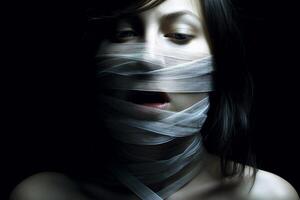Freedom of speech, ethereal eternal forced muffled, A young girl's mouth crossed with sticky tape. photo