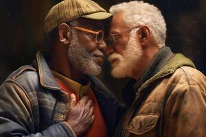 Two happy older men hugging each other, one black, the other Caucasian, gay, LGBT. photo