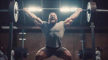 levantamiento de pesas, un fuerte hombre será levantar un pesado barra con pesas en el gimnasia. generativo ai foto