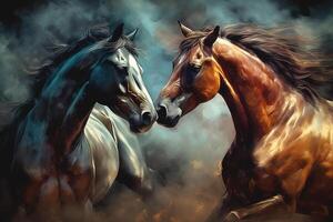 Pair of horses, black and brown, art. photo