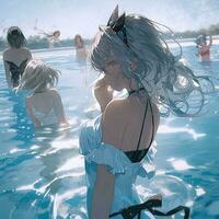 Light-haired Girl swimming in the sea, anime style. photo