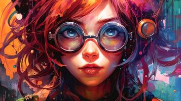 Girl in glasses, neon colors, manga style, comic book, anime, close-up portrait. photo