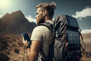 A young man hiking with a backpack that has solar panels attached to charge gadgets. A tech-savvy hiker. A backdrop of mountainous terrain. photo