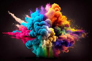 un explosión de multicolor pintar, un nube de polvo. negro antecedentes. generativo ai foto