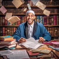 Muslim Arab student, man smiling and scattering papers. photo