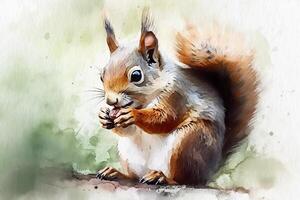 Squirrel and walnut, watercolor painting on textured paper. Digital watercolor painting. photo