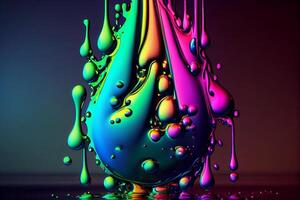 Multicolored colorful big drop of paint flowing down, art. photo