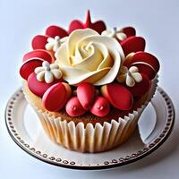 Cupcakes with red and white decorative toppings, pro photo