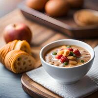 Cereal breakfast menu surrounded by bread and cakes, pro photo