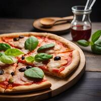 Pizza with interesting topping decoration on the dining table, pro photo