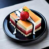Sweet and romantic dessert cake served on a black plate, photo