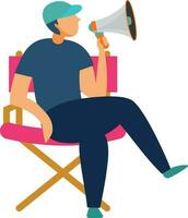 Man with megaphone on cinema chair. Flat vector illustration.