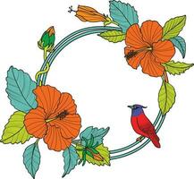 Hibiscus flower wreath with bird. Vector illustration.