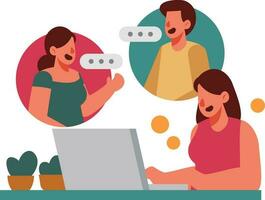 People using gadgets at home flat vector illustration. Man and woman chatting on social media, using laptop. Communication concept for banner, website design or landing web page