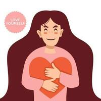 Woman hugging hearts. love yourself illustration vector