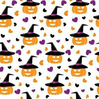 Endless pattern of pumpkin in witch hat with smiling face and hearts around in trendy Halloween hues vector