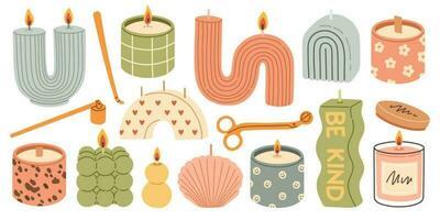 Various Candles. Different shapes and sizes. Pillar, jar candle, square, container candle, multi wick. Decorative wax candles for relax and spa. Candle snuffer. Hand drawn trendy Vector set.