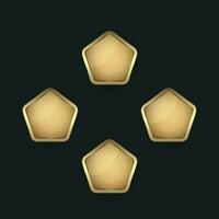 Four Premium buttons of pentagon shape in vector illustration. Luxury realistic golden isolated background for website element, golden glossy label for UI, UX concept design