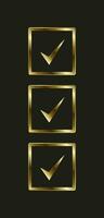 Three symbols of check Boxes in gold color concepts and selection symbol, icon, mark Vector Illustration