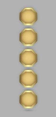 FIVE hexagon buttons in 3d plate shape with golden frame vector illustration designs