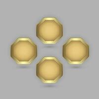 Set of four hexagon buttons in 3d plate shape with golden frame vector illustration