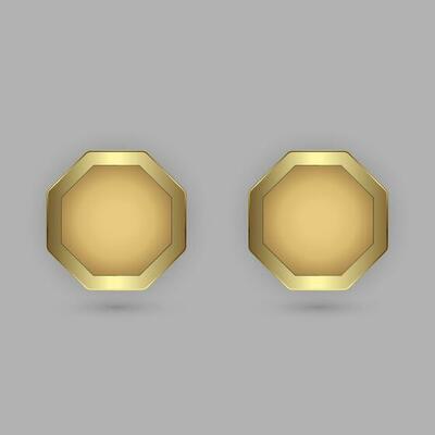 Two hexagon button in 3d plate shape with golden frame vector illustration. modern gold realistic isolated website element