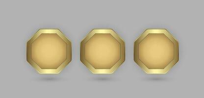 Three hexagon buttons in 3d plate shape with golden frame vector illustration designs