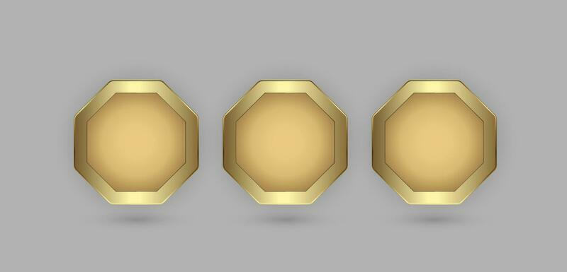 Three hexagon buttons in 3d plate shape with golden frame vector illustration designs