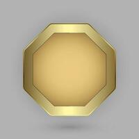 Hexagon button in 3d plate shape with golden frame vector illustration. modern gold realistic isolated website element, and golden glossy label for infographic UI design