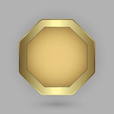 Hexagon button in 3d plate shape with golden frame vector illustration. modern gold realistic isolated website element, and golden glossy label for infographic UI design