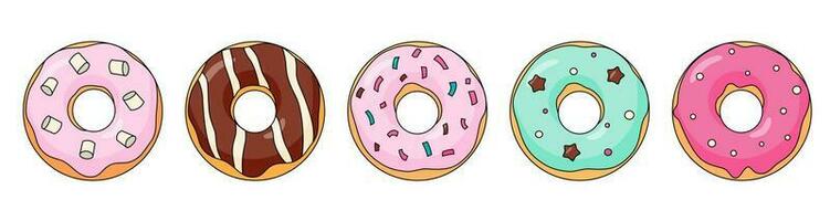 Various Donuts collection brown pink and mint colorful doughnuts collection. Cartoon flat vector illustration isolated on white background.