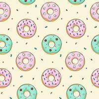 dibujos animados rosquillas sin costura modelo pastel rosquillas con asperja en beige antecedentes. garabatear mano dibujado interminable textil o fondos de pantalla impresión diseño. vector ilustración.