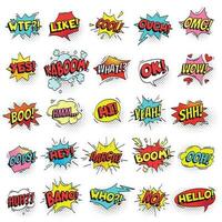 Bang, ouch shouts and yeah shouting text bubble with halftone pattern shadow. Pop art retro style shout speech bubbles vector set