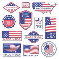 hecho en Estados Unidos logo. americano orgulloso patriota etiqueta, fabricación para Estados Unidos etiqueta sello y unido estados de America patriótico bandera vector conjunto