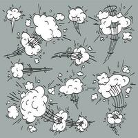 Speed cloud comic. Cartoon fast motion clouds, smoke effects and motions trail vector elements set